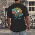 Boston Terrier Dog Riding Dinosaur T Rex Boys Men's Back Print T-Shirt, funny design