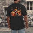 Boston Terrier Thanksgiving Leopard Pumpkins Fall Leaves Men's Back Print T-Shirt, funny design