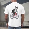 Boston Terrier Riding Bicycle Cute Bostie Biker Raglan Baseball Tee Men's Back Print T-Shirt, gift for family, gift for coworker