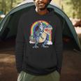 Boston Terrier Riding Dinosaur T-Rex Boys Kids Rainbow Men Hoodie, novelty gifts, funny gifts