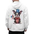 Boston Terrier Puppy Dog Holds His American Flag 4th Of July Men's Hoodie Back Print, American Boston Terrier Gifts, Boston Terrier 4th Of July Gifts, trending gift