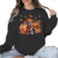Boston Terrier Thanksgiving Leopard Pumpkins Fall Leaves Women Crewneck Sweatshirt, Boston Terrier Thanksgiving Gifts, trending gift