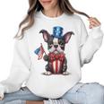 Boston Terrier Puppy Dog Holds His American Flag 4th Of July Women Crewneck Sweatshirt, American Boston Terrier Gifts, Boston Terrier 4th Of July Gifts, trending gift