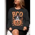 Boston Terrier Costume On Pumpkin Halloween Boston Terrier Women Crewneck Sweatshirt, Boston Terrier Halloween Sweatshirts, funny gift