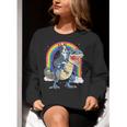 Boston Terrier Riding Dinosaur T-Rex Boys Kids Rainbow Women Crewneck Sweatshirt, Boston Terrier Riding Sweatshirts, funny gift