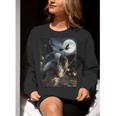 Boston Terrier Selfie Full Moon Flying Witch Halloween Dog Women Crewneck Sweatshirt, Boston Terrier Halloween Sweatshirts, funny gift