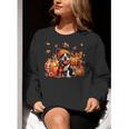 Boston Terrier Thanksgiving Leopard Pumpkins Fall Leaves Women Crewneck Sweatshirt, Boston Terrier Thanksgiving Sweatshirts, funny gift