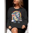 Boston Terrier Unicorn Riding Dinosaur T-Rex Girls Rainbow Women Crewneck Sweatshirt, Boston Terrier Riding Sweatshirts, funny gift