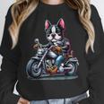Biker Boston Terrier Dog Riding Motorbike Women Crewneck Sweatshirt, Boston Terrier Riding Gifts, funny design
