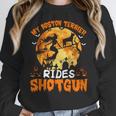 My Boston Terrier Dog Rides Shotgun Witch Halloween Men Women Women Crewneck Sweatshirt, Boston Terrier Halloween Gifts, funny design