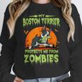 Boston Terrier Halloween Zombie American Gentleman Dog Lover Women Crewneck Sweatshirt, Boston Terrier Halloween Gifts, American Boston Terrier Gifts, funny design