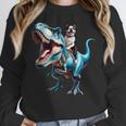 Boston Terrier Riding T-Rex Dinosaur Dog Lover Women Crewneck Sweatshirt, Boston Terrier Riding Gifts, funny design