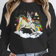 Boston Terrier Riding Unicorn Boys Girls Kids Rainbow Women Crewneck Sweatshirt, Boston Terrier Riding Gifts, funny design