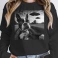Boston Terrier Graphic Selfie With UFOs Weird Aliens Women Crewneck Sweatshirt, funny design