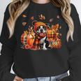 Boston Terrier Thanksgiving Leopard Pumpkins Fall Leaves Women Crewneck Sweatshirt, Boston Terrier Thanksgiving Gifts, funny design