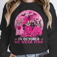 Ghost And Witch Boston Terrier Dog In October We Wear Pink Women Crewneck Sweatshirt, Boston Terrier Ghost Gifts, funny design