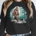 Whimsical Forest Adventures Sasquatch Bigfoot Walking Boston Terrier Dog Lovers Women Crewneck Sweatshirt, funny design