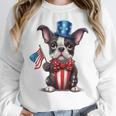 Boston Terrier Puppy Dog Holds His American Flag 4th Of July Women Crewneck Sweatshirt, American Boston Terrier Gifts, Boston Terrier 4th Of July Gifts, funny design