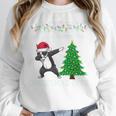 Boston Terrier Santa Hat Dabbing Around The Christmas Tree Women Crewneck Sweatshirt, Boston Terrier Christmas Gifts, funny design