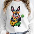 Hawaiian Boston Terrier & Pineapple Ukulele Summer Vacation Women Crewneck Sweatshirt, funny design