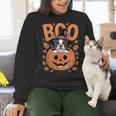 Boston Terrier Costume On Pumpkin Halloween Boston Terrier Women Crewneck Sweatshirt, Boston Terrier Halloween Sweatshirts, gift for family, gift for coworker