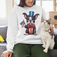 Boston Terrier Puppy Dog Holds His American Flag 4th Of July Women Crewneck Sweatshirt, American Boston Terrier Sweatshirts, Boston Terrier 4th Of July Sweatshirts, gift for family, gift for coworker
