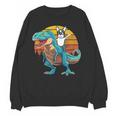 Boston Terrier Dog Riding Dinosaur T Rex Boys Women Crewneck Sweatshirt, novelty gifts, funny gifts