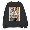 Boston Terrier Ramen Noodles Japanese Art Retro Ocean Waves Women Crewneck Sweatshirt, novelty gifts, funny gifts