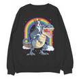 Boston Terrier Riding Dinosaur T-Rex Boys Kids Rainbow Women Crewneck Sweatshirt, novelty gifts, funny gifts