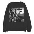 Boston Terrier Graphic Selfie With UFOs Weird Aliens Women Crewneck Sweatshirt, novelty gifts, funny gifts