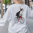Boston Terrier Riding Bicycle Cute Bostie Biker Raglan Baseball Tee Women's Sweatshirt Back Print Ash