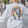 Boston Terrier Unicorn Riding Dinosaur T-Rex Girls Rainbow Women's Sweatshirt Back Print Ash
