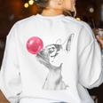 Boston Terrier Dog Blowing Chewing Bubble Gum Pink Women's Sweatshirt Back Print White