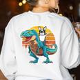 Boston Terrier Dog Riding Dinosaur T Rex Boys Women's Sweatshirt Back Print White