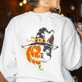Boston Terrier Pumpkin Jack O Lantern Halloween Women's Sweatshirt Back Print White