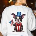 Boston Terrier Puppy Dog Holds His American Flag 4th Of July Women's Sweatshirt Back Print White