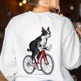 Boston Terrier Riding Bicycle Cute Bostie Biker Raglan Baseball Tee Women's Sweatshirt Back Print White