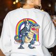 Boston Terrier Riding Dinosaur T-Rex Boys Kids Rainbow Women's Sweatshirt Back Print White