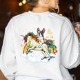 Boston Terrier Riding Unicorn Boys Girls Kids Rainbow Women's Sweatshirt Back Print White