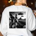 Boston Terrier Graphic Selfie With UFOs Weird Aliens Women's Sweatshirt Back Print White