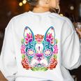 Boston Terrier Sugar Skull Dog Day Of The Dead Women's Sweatshirt Back Print White