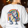 Boston Terrier Unicorn Riding Dinosaur T-Rex Girls Rainbow Women's Sweatshirt Back Print White
