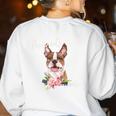 Brown Boston Terrier With Flowers And Feathers Women's Sweatshirt Back Print White
