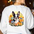Cute Boston Terrier Spring Flower Garden Colorful Puppy Dog Women's Sweatshirt Back Print White