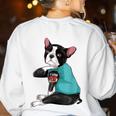 Father's Day Gift Dog Dad Boston Terrier i Love Dad Tattoo Women's Sweatshirt Back Print White