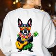 Hawaiian Boston Terrier & Pineapple Ukulele Summer Vacation Women's Sweatshirt Back Print White