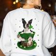 St Patrick's Day Leprechaun Boston Terrier Dog Shamrock For Men Women Kids Women's Sweatshirt Back Print White