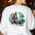 Whimsical Forest Adventures Sasquatch Bigfoot Walking Boston Terrier Dog Lovers Women's Sweatshirt Back Print White