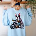 Biker Boston Terrier Dog Riding Motorbike Women's Sweatshirt Back Print Light Blue