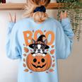Boston Terrier Costume On Pumpkin Halloween Boston Terrier Women's Sweatshirt Back Print Light Blue